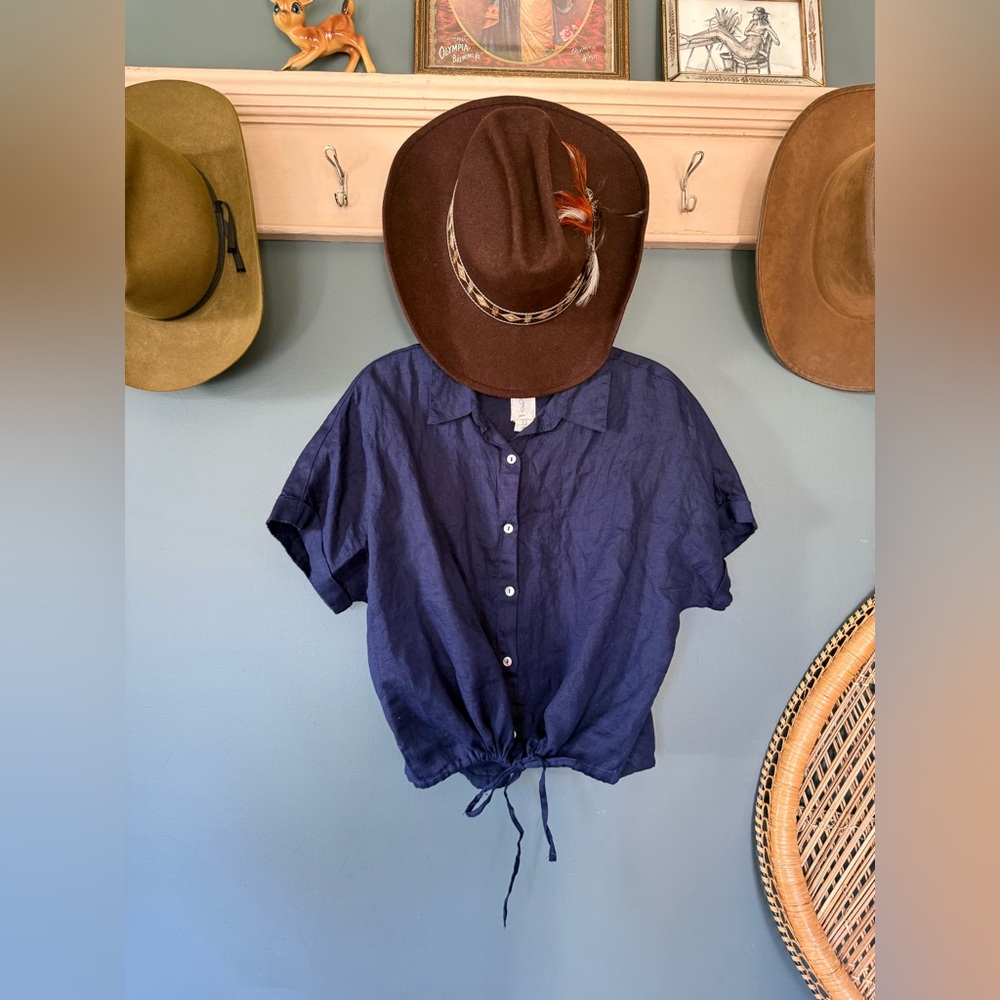 Joie 100% Linen navy blue Button Up blouse short sleeve Shirt sz XL